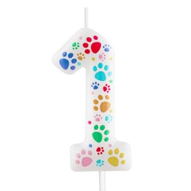 Imagem de Velas de aniversário com estampa de pata de cachorro – Velas brancas número 1 cobertas com estampas coloridas de patas para festas de aniversário de cães e celebrações de animais de estimação, 1 vela