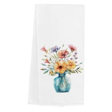 Imagem de WINGTECA Flores da primavera em jarra, toalhas de cozinha, toalhas de prato de verão, decoração de cozinha, presentes de verão para mulheres, homens, anfitriãs, amigos, waffle, tecer, chá, toalha de