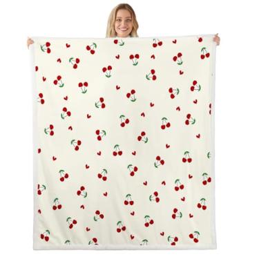 Imagem de Feelyou Cobertor infantil de lã de cereja com estampa de lã de ovelha para meninos e meninas, cobertor de pelúcia de frutas fofas para cama, sofá, desenho kawaii, frutas, adolescentes, cobertor