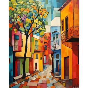 Imagem de VNUIEHG Kits de pintura a óleo por números, casas coloridas abstratas, kit de presente de pintura em tela, pintura acrílica por números, Natal, presente de aniversário, 40 x 50 cm