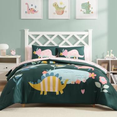 Imagem de AMBERSPACE Conjunto de edredom solteiro GG para meninas, dinossauro, floral, todas as estações, para meninos e adolescentes, 5 peças com lençóis, fronhas e fronhas