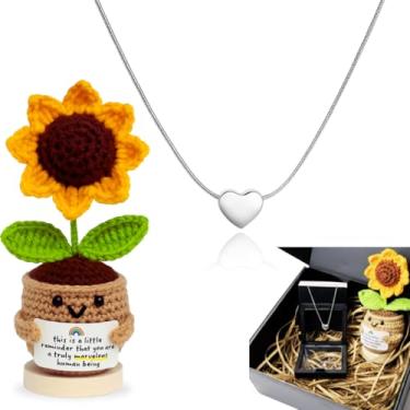 Imagem de Kit Presente Feminino Colar Prata em Aço Inox Pingente de Coração + Porta Joias em Caixa Luxo Elegante + Girassol em Crochê Crochet Pronto Presentear Delicado Aniversário Dia das Mães Natal Namorados