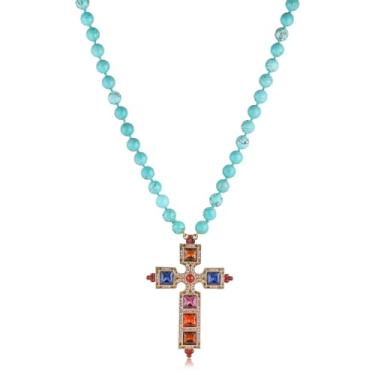 Imagem de HZMAN Colar grande vintage com pingente de cruz para mulheres, colar ajustável com cristais coloridos cortados em diamante e contas de turquesa natural, joia esmaltada de latão feito à mão para