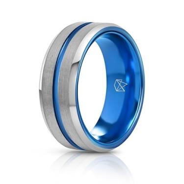 Imagem de EMBR Anel de tungstênio Infinity – Aliança de carboneto de tungstênio de 8 mm com acabamento fosco escovado e incrustação colorida – Anel de casamento ou declaração chanfrado de alto polimento para