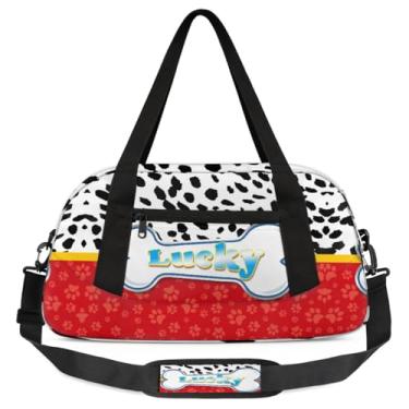 Imagem de Bolsa de viagem de academia para meninos – Bolsa infantil de fim de semana com bolso frontal com zíper para prática escolar, bolsas de mão para adolescentes, Dálmata vermelho, Desenho animado