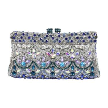 Imagem de DKQXEIM Bolsa feminina luxuosa de strass para noite de casamento com glitter de cristal bolsa de mão de diamante para baile de formatura e banquete, Azul, prata, 7.2 x 3.6 x 2.4 inches