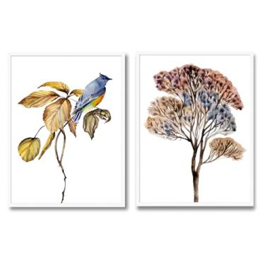 Imagem de Kit 2 Quadros Decorativos Aquarela Natureza com Vidro e Moldura 62x47cm (Branco, Madeira Laqueada, 62, centímetros, 47, centímetros)