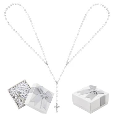 Imagem de DICOSMETIC 1 peça Rosário de pérola de casamento branco rosário de casamento corda de liga de laço cruz corda Lazo para boda pérolas de plástico rosários com cruz de unidade para presente de cerimônia