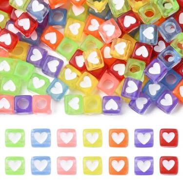 Imagem de 350 peças, 7 cores, contas de acrílico transparentes, cubo com coração, cores mistas, 7 x 6,5 x 6,5 mm, orifício: 3,8 ~ 4 mm, cerca de 50 peças/cor