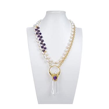 Imagem de Acessórios de moda joia cultivada pérola branca roxa facetada ametista colar pingente de quartzo transparente para mulheres
