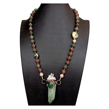 Imagem de URMIBDAI Colares femininos Dzi ágata em forma de moeda pérola azul murano colar de vidro verde pingente de ponta de quartzo 61 cm