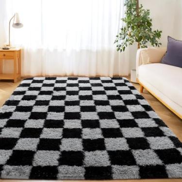 Imagem de Tapetes xadrez para sala de estar, quarto, 12 x 18 cm, tapetes para sala de estar, tapetes felpudos modernos para meninos e meninas, dormitório, berçário, decoração de casa, estética, antiderrapante