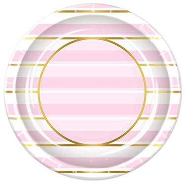 Imagem de Beistle Conjunto rosa para chá de bebê – pratos, guardanapos e toalha de mesa, rosa claro, branco e dourado, coleção de utensílios de mesa de festa, cenário para celebrações elegantes, aniversários