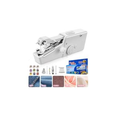 Imagem de Máquina de Costura Portátil Manual, Branca, 12 Pontos Ajustáveis, Alimentação por Pilhas, 21,5x7x3cm, com Cortador de Linha e Braço Livre
