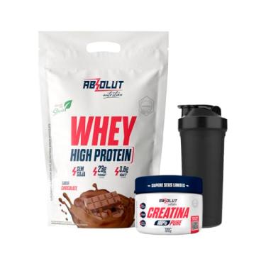 Imagem de Kit Whey Concentrado Adoçado Com Stévia High Protein 900g + Creatina 100% Pura 100g + Coqueteleira Academia (Chocolate)