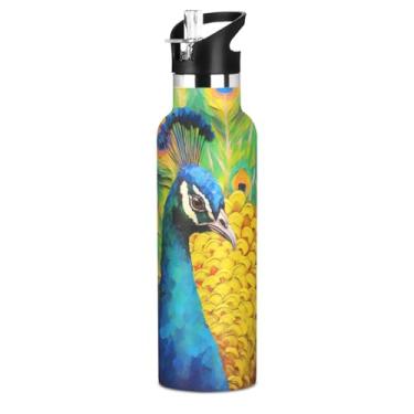 Imagem de ATTX Garrafa de água de pintura de óleo de pavão com tampa de palha, copo de aço inoxidável de 590 ml, copo isolado para viagens, ao ar livre #231