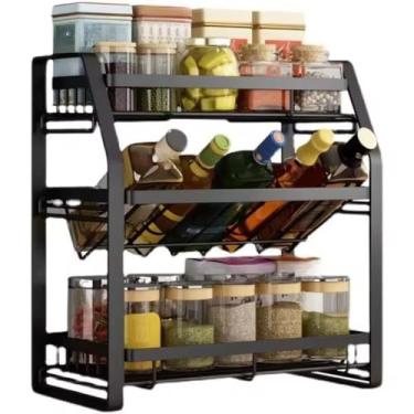 Imagem de Condimentos Giratorio，Porta Temperos，Rack Suporte Aço Carbono Para Bancada Potes Garrafas Porta-Temperos Saleiros 3 Prateleiras Níveis(01 Unidade)
