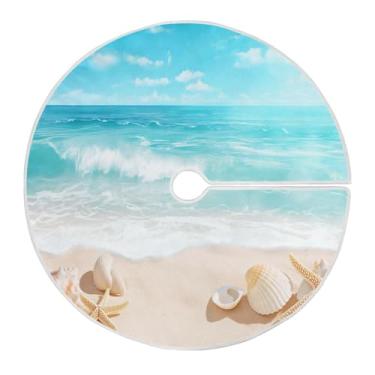 Imagem de Blueangle Linda saia de árvore de Natal com cenário de praia de 120 cm - poliéster macio e resistente a rugas, decoração de férias para festas de Natal, árvore festiva e decoração de casa (668)