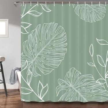 Imagem de Uokiuki Cortina de chuveiro verde sálvia, cortina de chuveiro com folhas de plantas tropicais brancas com ganchos, cortina de banheiro de tecido minimalista 160 cm L x 177 cm C