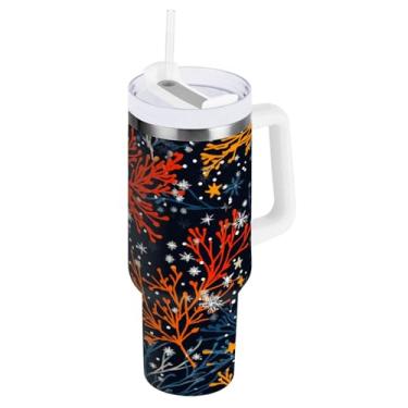 Imagem de GUIJI Copo de galhos de árvore de Natal de 1,134 g com alça, copo reutilizável de aço inoxidável com tampa e canudo, caneca de viagem à prova de vazamento, garrafa de água mantém fria ou quente