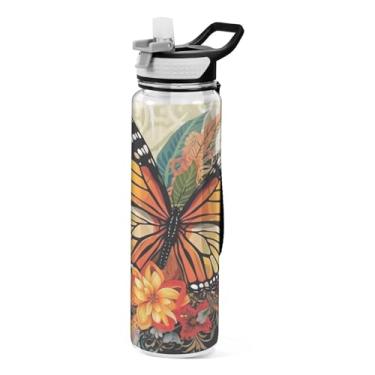 Imagem de ATTX Garrafa de água de borboleta laranja, 947 g, à prova de vazamento e livre de BPA, garrafas de água reutilizáveis de plástico Tritan para viagem, academia, corrida #543