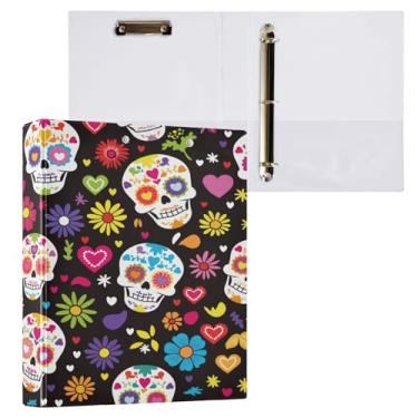 Imagem de ATTX Fichário de 3 anéis com flor de caveira de açúcar 3 cm para papel tamanho carta, 21,6 cm x 28 cm, fichários de três anéis com prancheta para material de escritório #747