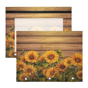Imagem de Blueangle Girassóis em quadro de madeira bolsa para lápis para fichário de 3 anéis, 2 pacotes com bolsa de lápis com janela transparente para documentos com zíper para escritório (843)