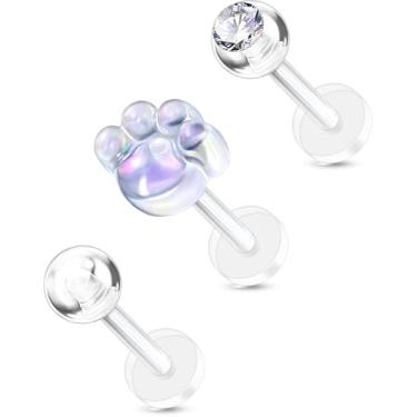 Imagem de OUFER 3 peças de joias de piercing de hélice de plástico, retentores labiais transparentes para cirurgia, lindos anéis de lábio para pata/laço/flor para mulheres, brincos de lóbulo tragus de