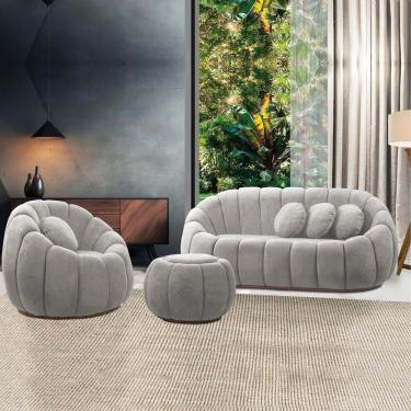 Imagem de Sofá 2 Lugares Com Puff E Poltrona Giratória Orgânica Cloud Bouclê Cinza Claro E03 - D'rossi