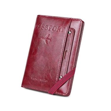Imagem de Suporte de passaporte antirroubo RFID para carteira e capa de proteção de ingressos, clipe de identidade multifuncional com zíper retrô, Vinho, Porta-passaporte antirroubo RFID para carteira