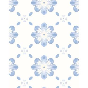 Imagem de Fvlow Papel de parede boho floral azul e branco 44,2 cm x 299,7 cm papel de contato moderno revestimento autoadesivo removível para armários de quarto, gavetas, prateleiras, decoração de casa