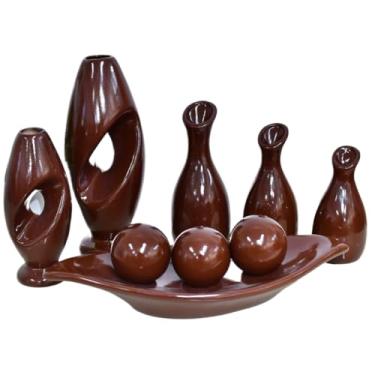 Imagem de Vaso Decorativo De CerâMica – Vaso Artesanal, Adequado Para Colocar No Centro Da Mesa De Jantar, Aparador, Alcova Ou Prateleira.(MARROM CAFÉ LISO 9PÇS)