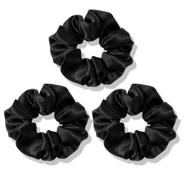 Imagem de 100% seda de amoreira para dormir o cabelo, laços femininos de seda para cabelos crespos e quebras, sem danos, suporte elástico para rabo de cavalo, pacote com 3, preto