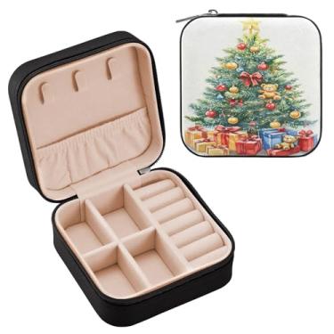 Imagem de Wassud Caixa de joias de viagem com desenho de árvore de Natal para mulheres, meninas, senhoras, noiva, mini organizador de joias de couro PU, caixa quadrada de armazenamento de joias para brincos