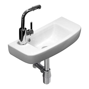 Imagem de Pia de banheiro pia de parede de cerâmica branca para banheiro pequeno, mão direita/esquerda, com torneira e pia de vaso de drenagem