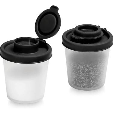 Imagem de Saleiro preto grande e pimenteiro – Conjunto de saleiro de plástico com tampa para cozinha ao ar livre, coqueteleira para viagens, acampamento ou uso doméstico