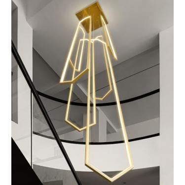 Imagem de Lustre grande de 6 anéis para escada, lustre moderno para pé direito alto, lustre LED dimerizável para hall de entrada, sala de estar, villa, dourado