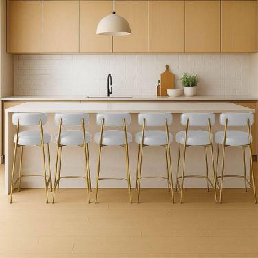 Imagem de Banqueta Cozinha Média Com Encosto Industrial Dourado Kit 6 Londres Pu Branco D03 - D`rossi