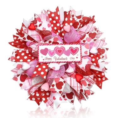 Imagem de Aneco Guirlanda de malha para o dia dos namorados de 45,7 cm com letreiro de madeira, fio de arrastão, guirlanda de dia dos namorados com bagas de fita para aniversário de casamento, decoração interna