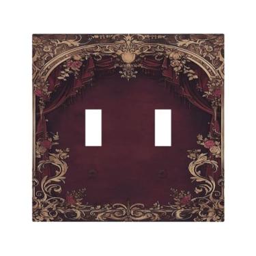 Imagem de Capas decorativas para interruptores vintage gótico bordô dourado floral 2 gangues interruptor duplo interruptor de luz placa de tomada tampa de interruptor de luz para decoração de quarto e sala de