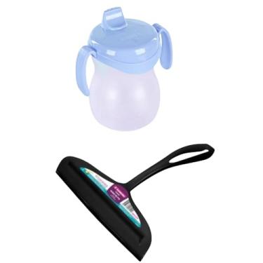 Imagem de Conjunto de 1 Rodo Plástico Multiuso Preto com Raspador 18cm + 1 Copo Infantil 310ML Atóxico Azul