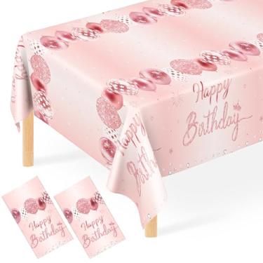 Imagem de JCTHKUKU Pacote com 2 toalhas de mesa de feliz aniversário em ouro rosa, toalha de mesa de plástico descartável, 137 x 274 cm, capa de mesa de balão rosa para mulheres, meninas, decorações de