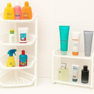Imagem de Porta Shampoo Cantoneira Sabonete Produtos de Banho Suporte Organizador Plástico 4 Andares(kit 4 andares + suporte de pia)