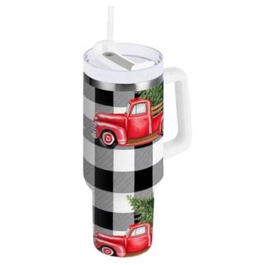 Imagem de ODAWA Copos isolados de caminhão de Natal xadrez preto e branco de 850 g com alça e tampa de palha, copo de aço inoxidável isolado a vácuo copo de café para viagem