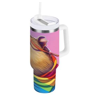 Imagem de ODAWA Copo grande com isolamento de parede dupla, copo de aço inoxidável engraçado arco-íris capivara com alça e tampa de canudo