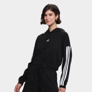 Imagem de Blusa Moletom Cropped Adidas 3 Listras Com Capuz Feminina, Preto, Bran