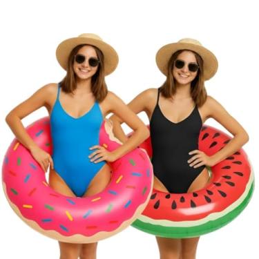 Imagem de Kit 2 Boias Infláveis Donuts Piscina 90cm Grande | Boia de Verão Praia Adulto e Criança(1x DONUTS + 1x MELANCIA)