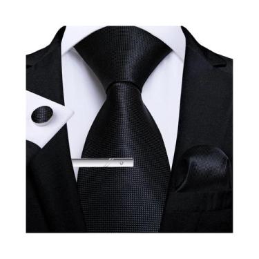 Imagem de Gravata Masculina Social Listrada Lisa De 8cm Com Abotoaduras E Lenço 