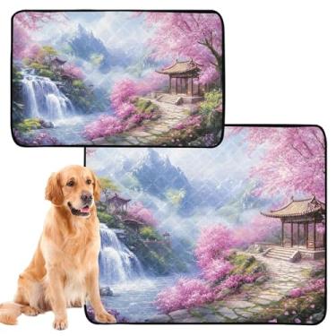 Imagem de TSENQUE Almofadas de xixi para cães, lavável, paisagem de flor de cerejeira, tapetes reutilizáveis para animais de estimação, absorventes à prova d'água, tapete de cercadinho para cães, médio + grande