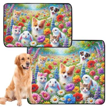 Imagem de TSENQUE Cute Pets – Tapete de urina colorido floral para cães, tapete reutilizável à prova d'água para cães absorventes de gaiola, médio + grande, conjunto de 2